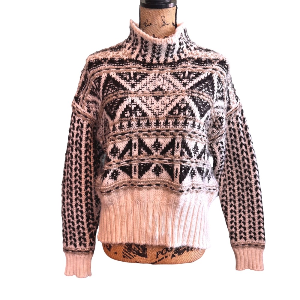 Splendid Womens Boho Fair Isle Merino Wool‎ Mock Neck Sweater Black Cream Medium